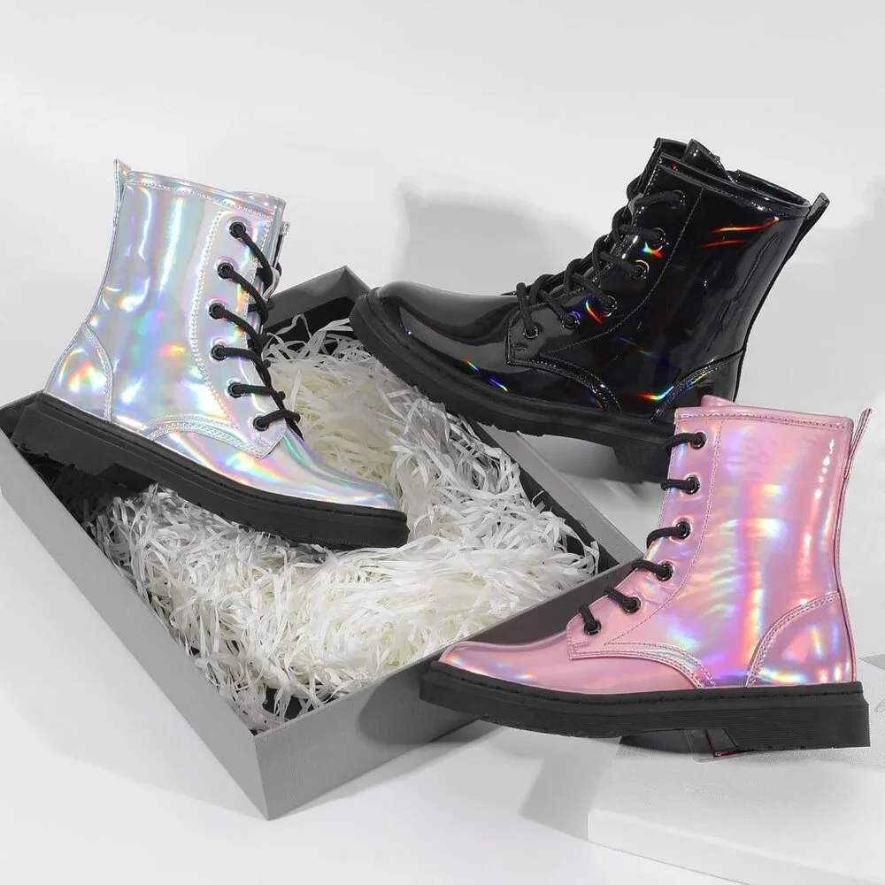 Girls Black Rubber Ankle Side Zipper Lace Up Stylish Comfort Glitter‎ Boots